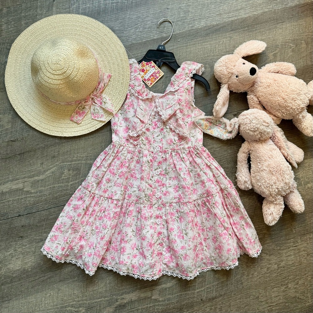 Btween floral sleeveless tiered dress with ruffles and hat set